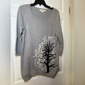 Anthropologie HWR Monogram Button Tree Small Embellished Tunic Gray Sweater Fun
